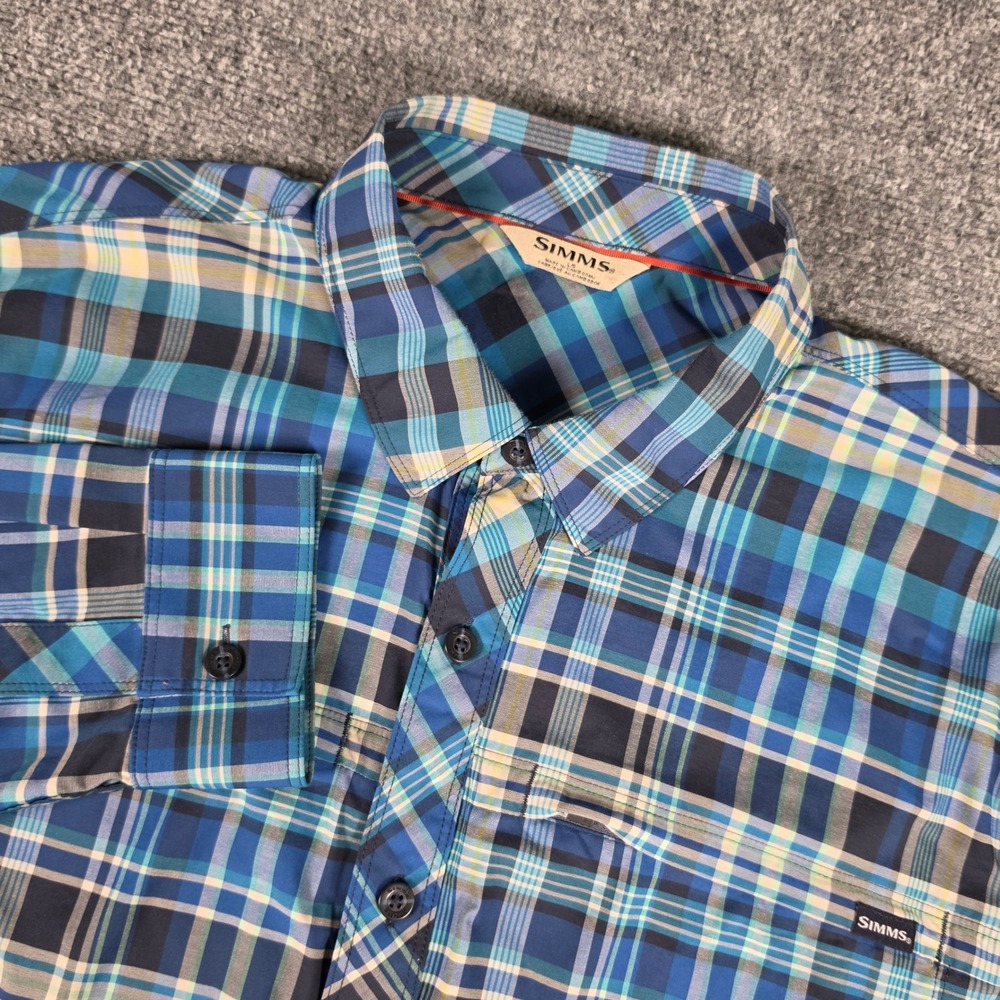 Simms Cold Stone Long Sleeve Shirt Mens Large Blue Plaid Fishing Performance